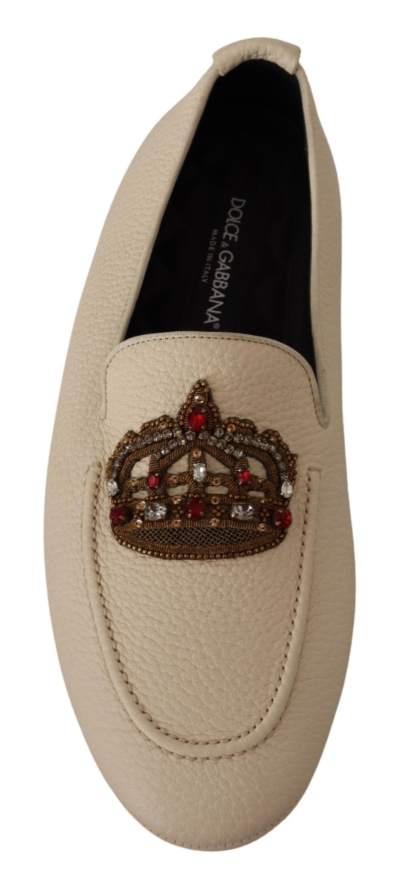Beige Leather Crystal Crown Dress Loafers Shoes