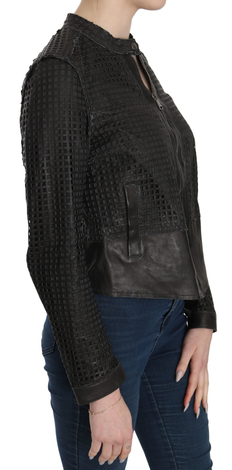 Black Leather Cutout Biker Jacket Coat