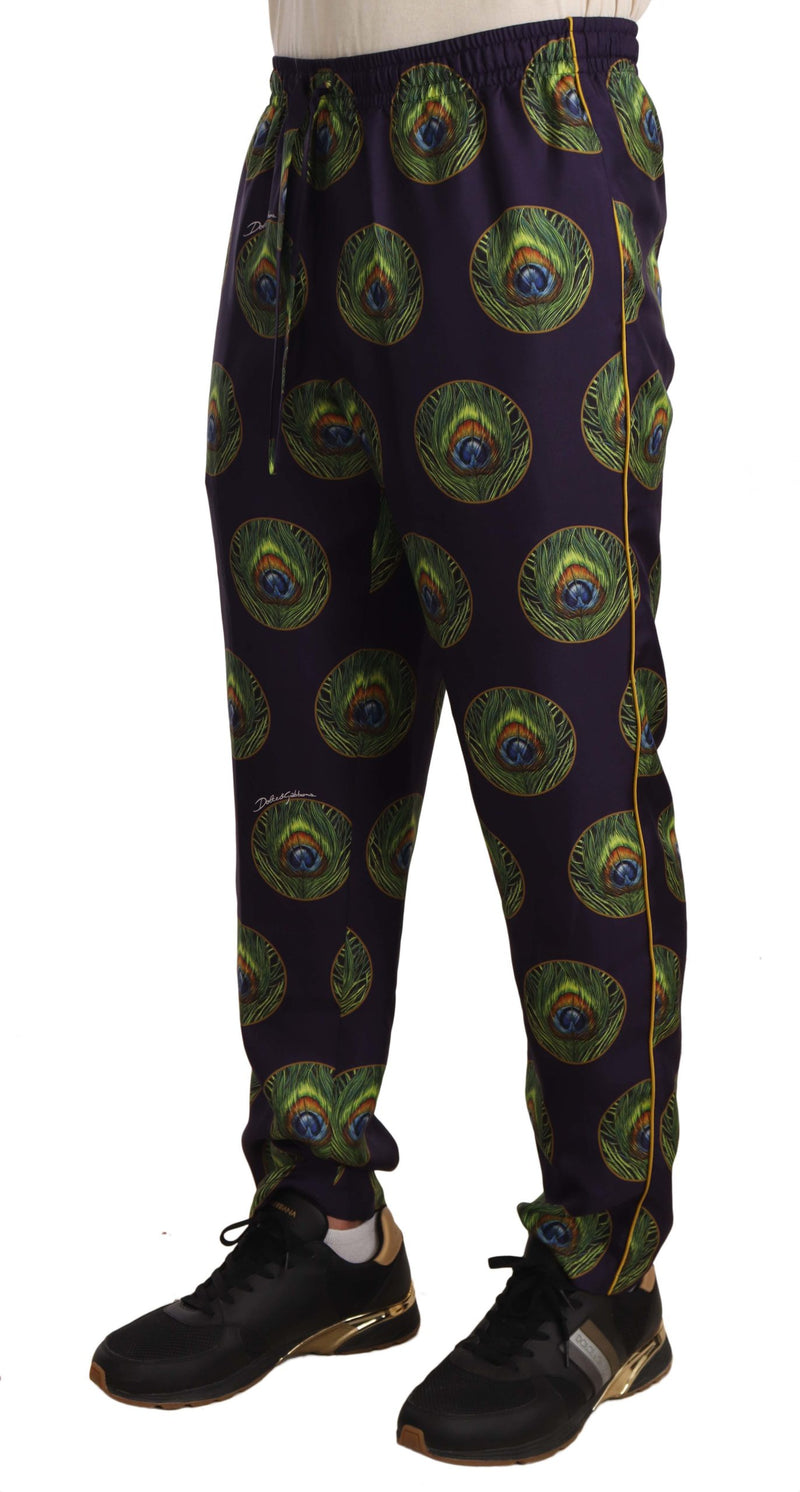 Purple Peacock Print Skinny Trouser Silk Pants