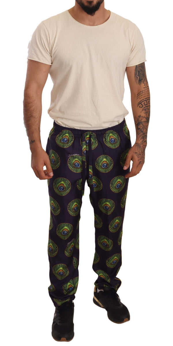 Purple Peacock Print Skinny Trouser Silk Pants