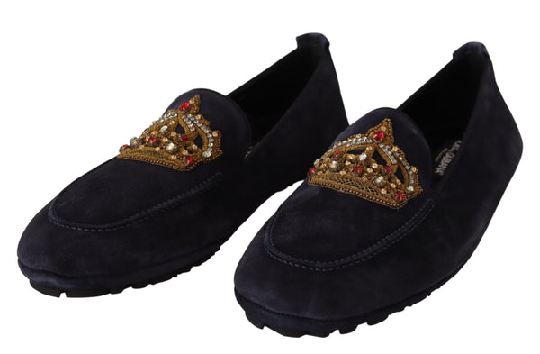Dark Blue Leather Crystal Crown Loafer Shoes