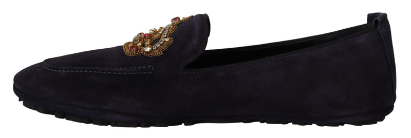 Dark Blue Leather Crystal Crown Loafer Shoes