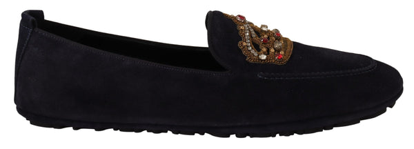 Dark Blue Leather Crystal Crown Loafer Shoes
