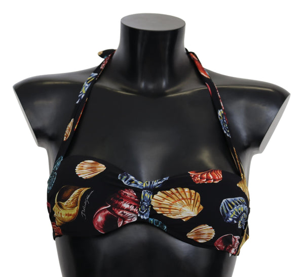 Black Seashells Print Halter Swimwear Bikini Tops