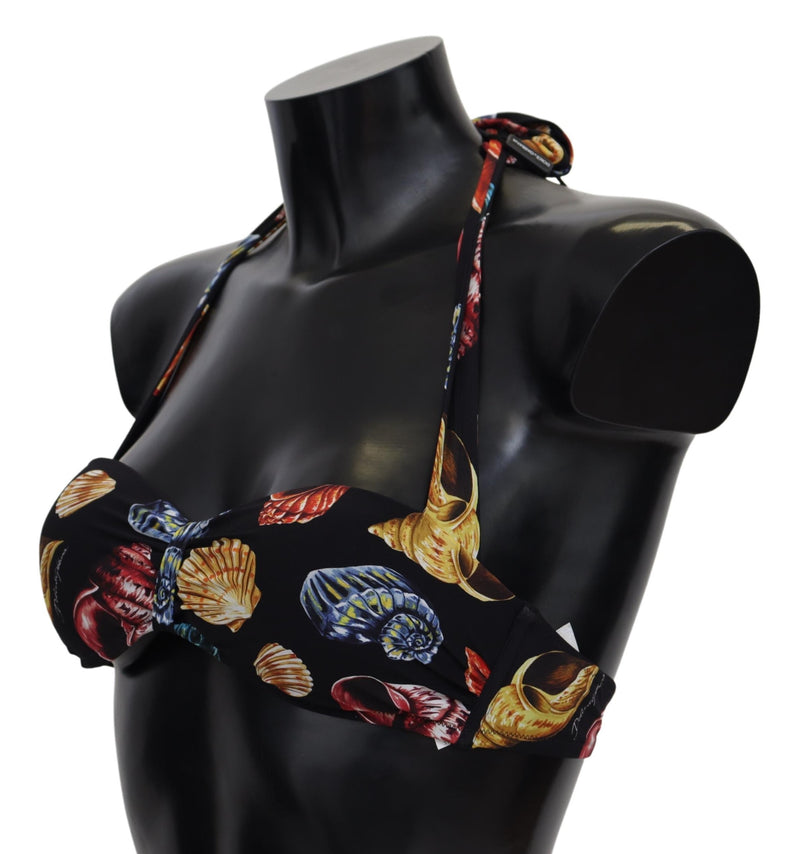 Black Seashells Print Halter Swimwear Bikini Tops