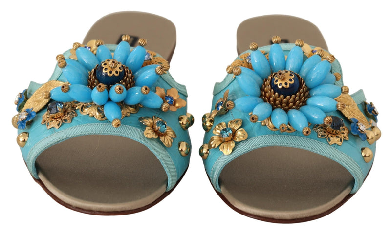 Blue Beige Crystal Sandals Exotic Leather Shoes