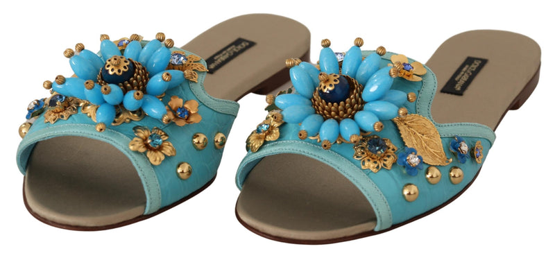 Blue Beige Crystal Sandals Exotic Leather Shoes