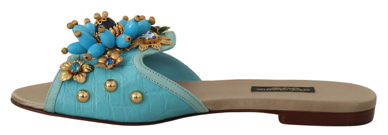 Blue Beige Crystal Sandals Exotic Leather Shoes