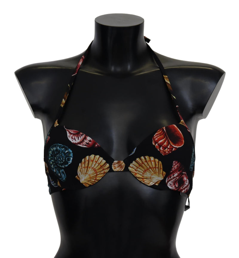 Black Seashells Print Halter Swimwear Bikini Tops