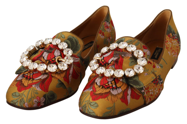 Floral Jacquard Crystal Brooch Loafers Shoes