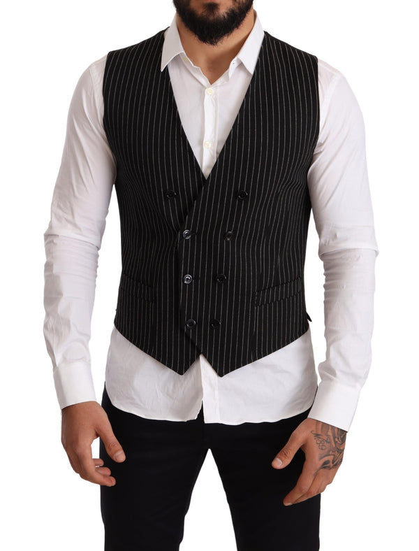 Black Wool Striped Double Breasted Formal Vest