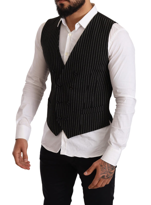 Black Wool Striped Double Breasted Formal Vest