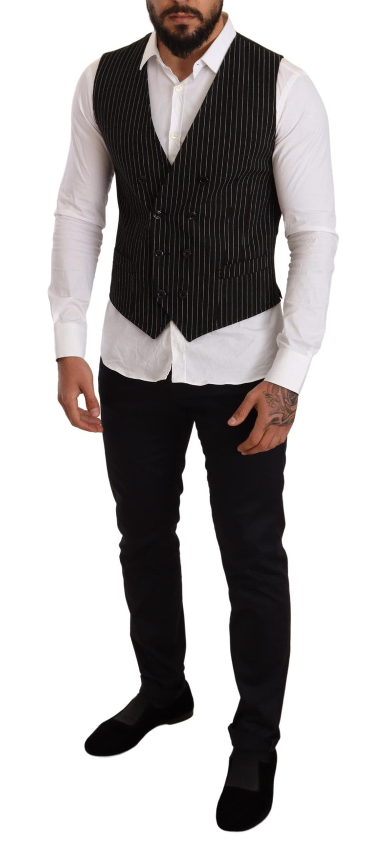 Black Wool Striped Double Breasted Formal Vest