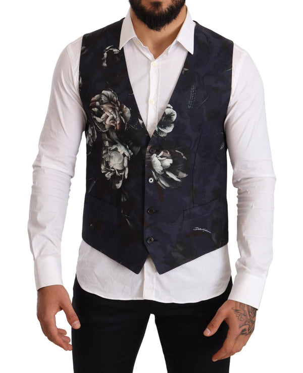 Blue Floral Single Breasted Waistcoat Vest