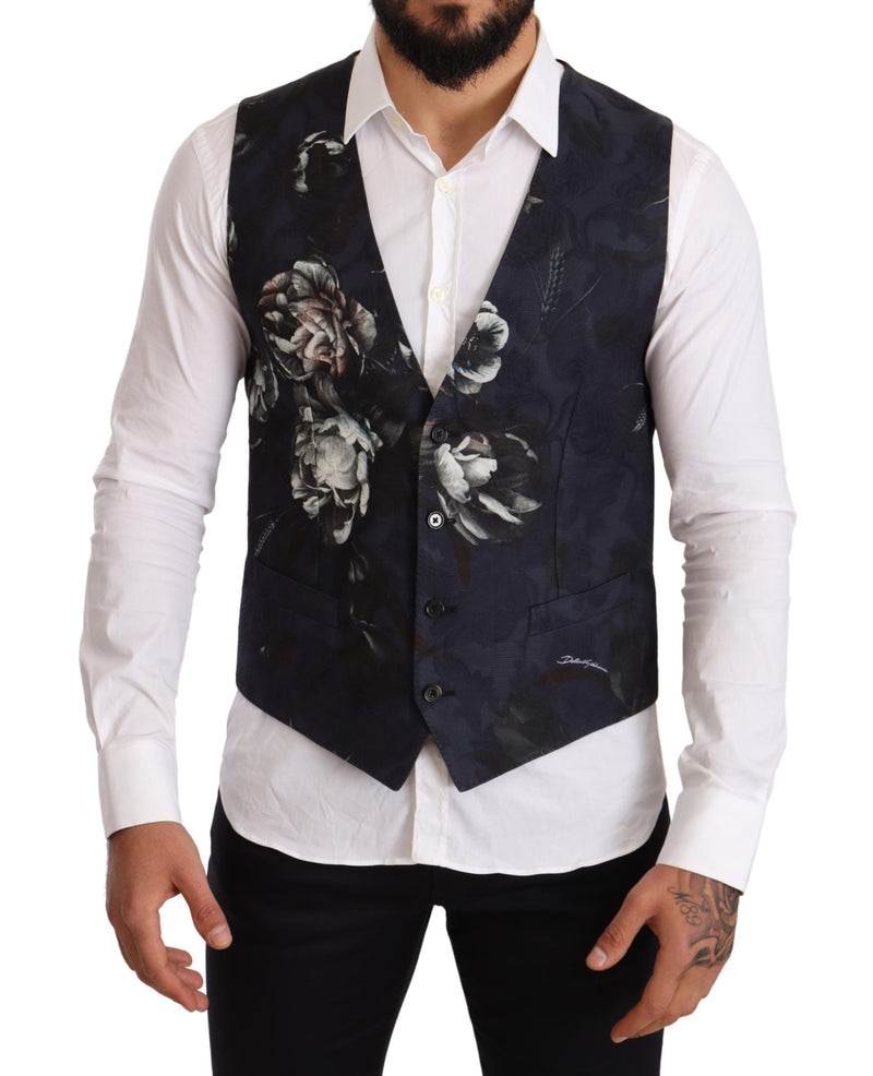 Blue Floral Single Breasted Waistcoat Vest