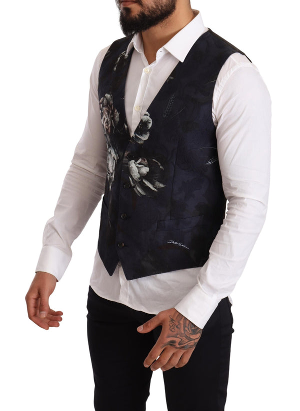 Blue Floral Single Breasted Waistcoat Vest