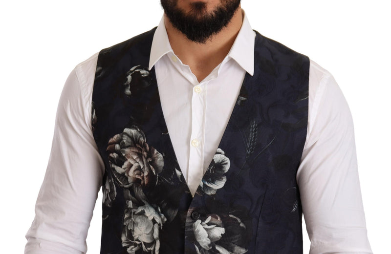 Blue Floral Single Breasted Waistcoat Vest