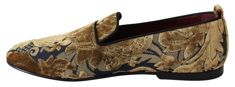Blue Gold Velvet Brocade Loafers Shoes