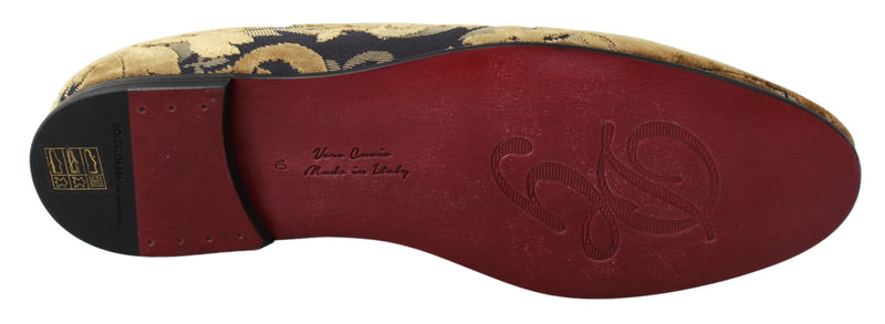 Blue Gold Velvet Brocade Loafers Shoes