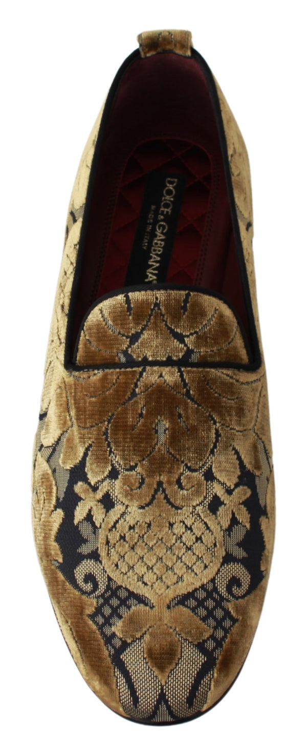 Blue Gold Velvet Brocade Loafers Shoes