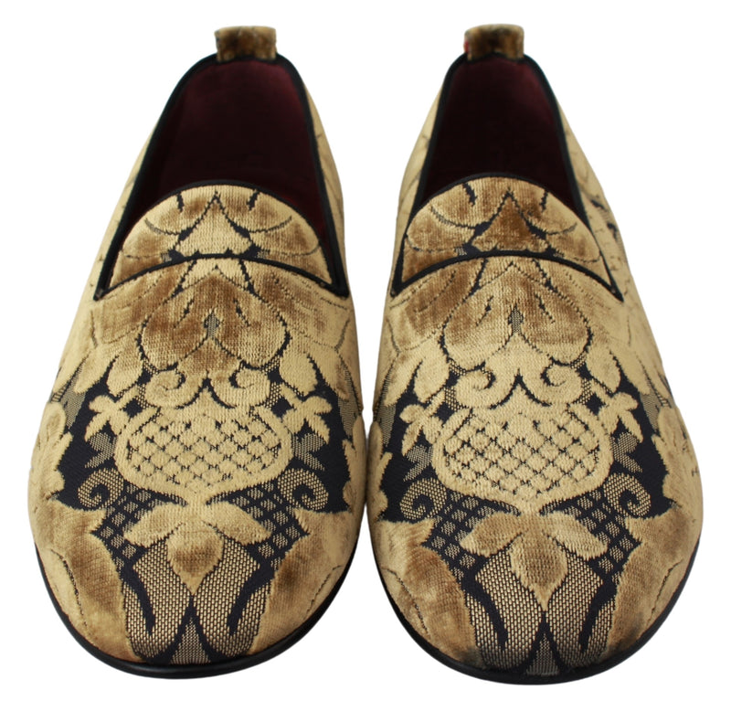 Blue Gold Velvet Brocade Loafers Shoes