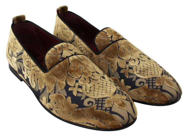 Blue Gold Velvet Brocade Loafers Shoes