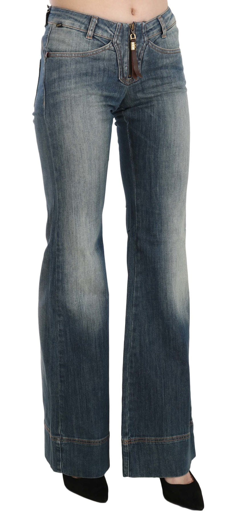 Blue Washed Mid Waist Boot Cut Denim Pants Jeans