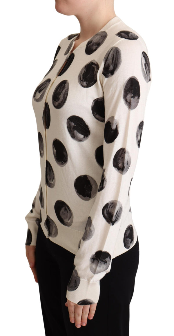 White Black Polka Dots Silk Cardigan Sweater