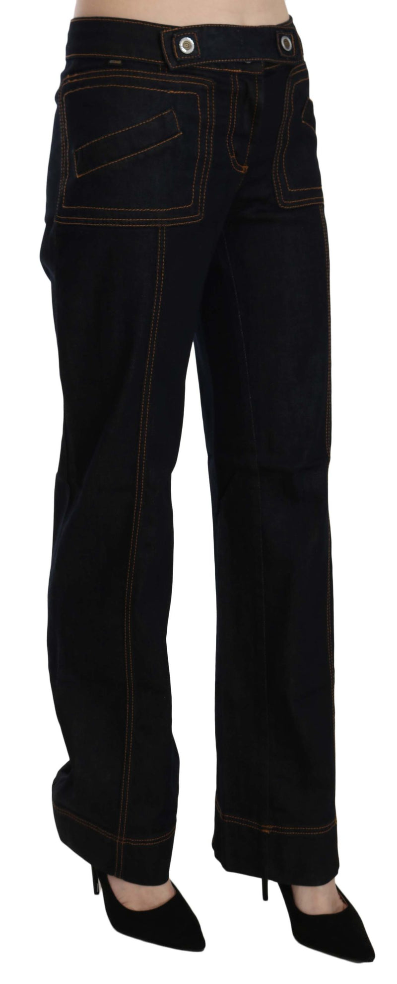 Black Cotton Mid Waist Straight Denim Pants