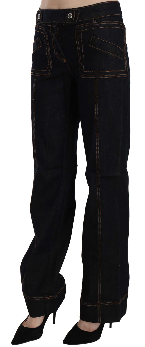 Black Cotton Mid Waist Straight Denim Pants