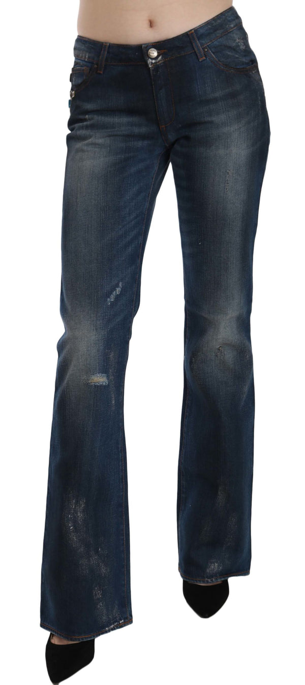 Blue Washed Cotton Mid Waist Boot Cut Denim Pants