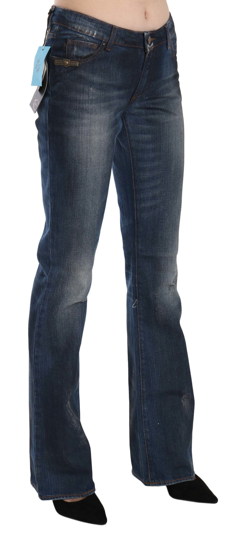 Blue Washed Cotton Mid Waist Boot Cut Denim Pants