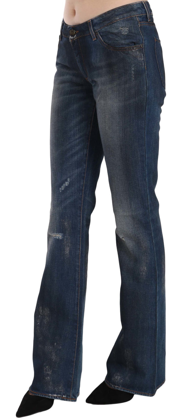 Blue Washed Cotton Mid Waist Boot Cut Denim Pants