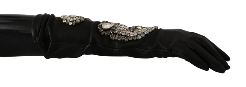 Black Leather Lamb Skin Crystal Gloves