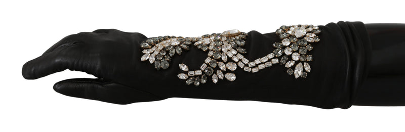 Black Leather Lamb Skin Crystal Gloves