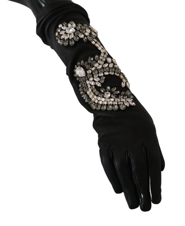 Black Leather Lamb Skin Crystal Gloves