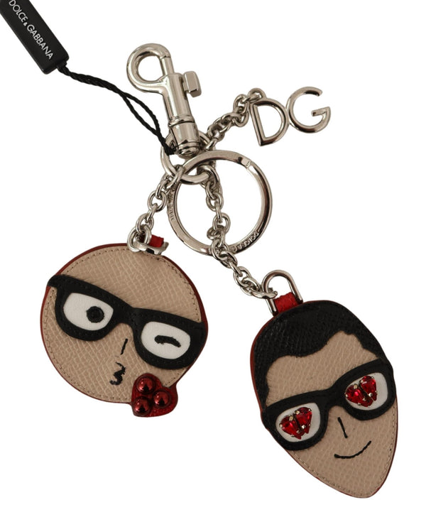 Beige Leather Silver Tone Studded Keychain