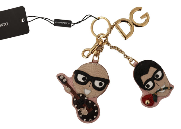 Beige Leather Gold Tone Men Studded Keyring Keychain