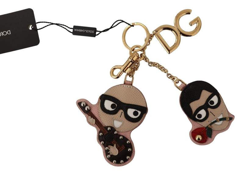 Beige Leather Gold Tone Men Studded Keyring Keychain
