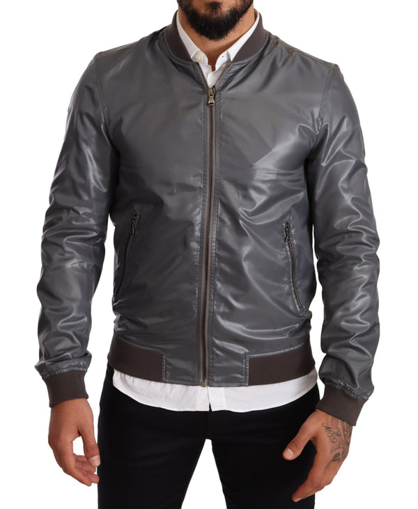 Gray Polyester Full Zip Bomber Coat Jacket