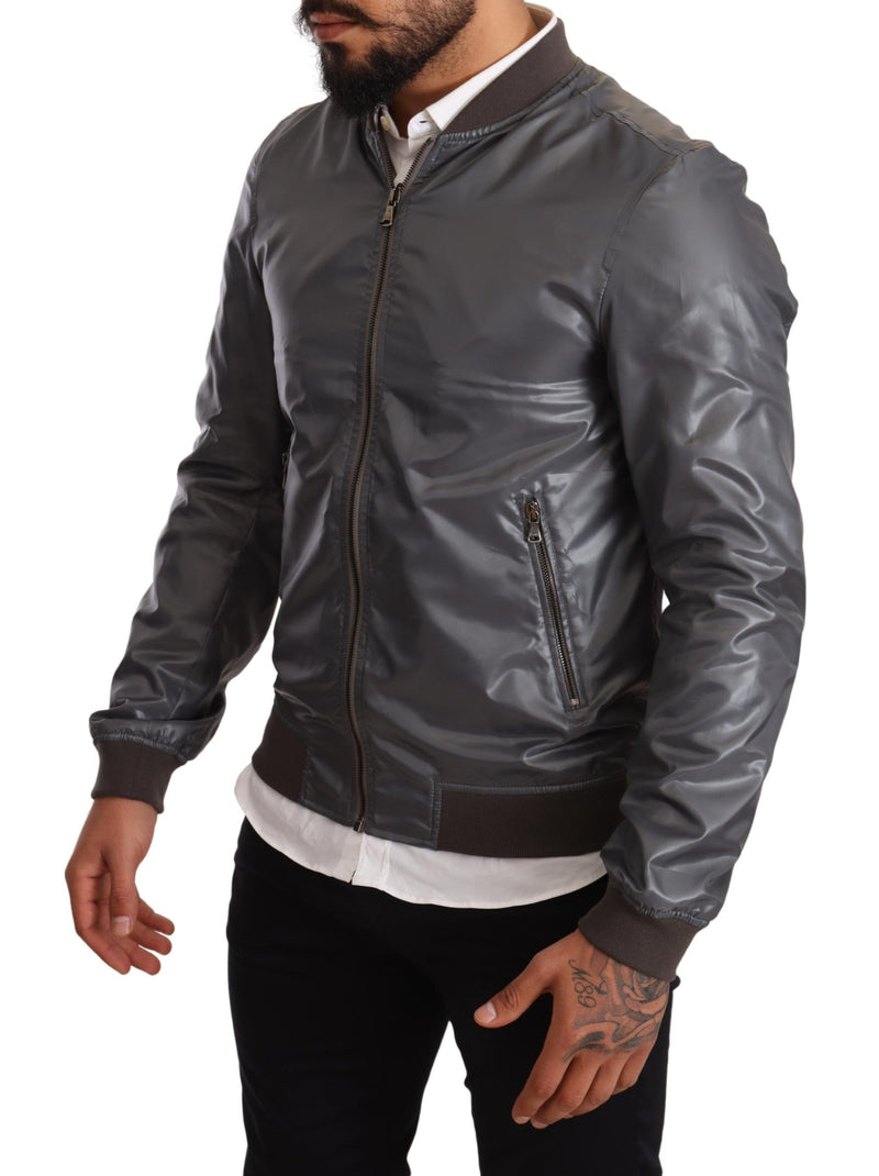 Gray Polyester Full Zip Bomber Coat Jacket