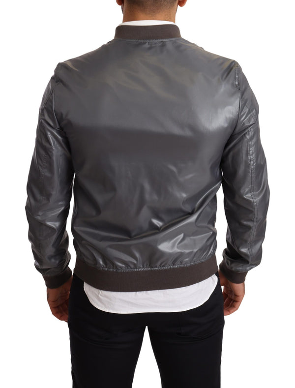 Gray Polyester Full Zip Bomber Coat Jacket