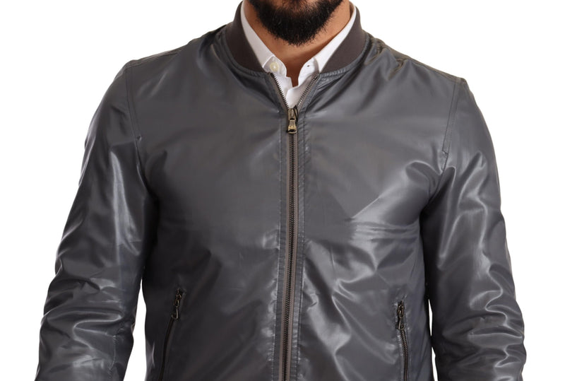 Gray Polyester Full Zip Bomber Coat Jacket