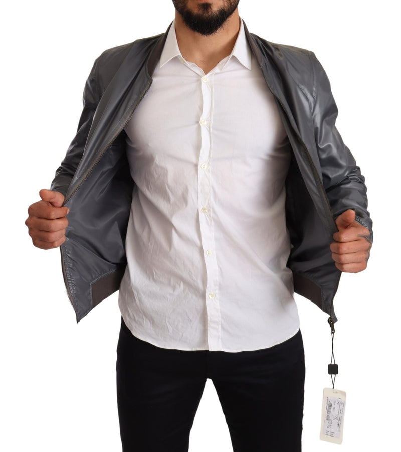 Gray Polyester Full Zip Bomber Coat Jacket