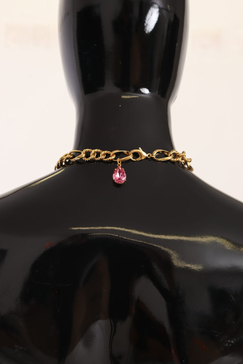 Gold Brass Chain Crystal Floral Roses Jewelry Necklace
