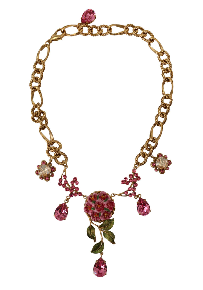 Gold Brass Chain Crystal Floral Roses Jewelry Necklace