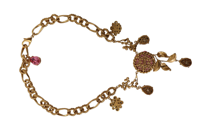 Gold Brass Chain Crystal Floral Roses Jewelry Necklace