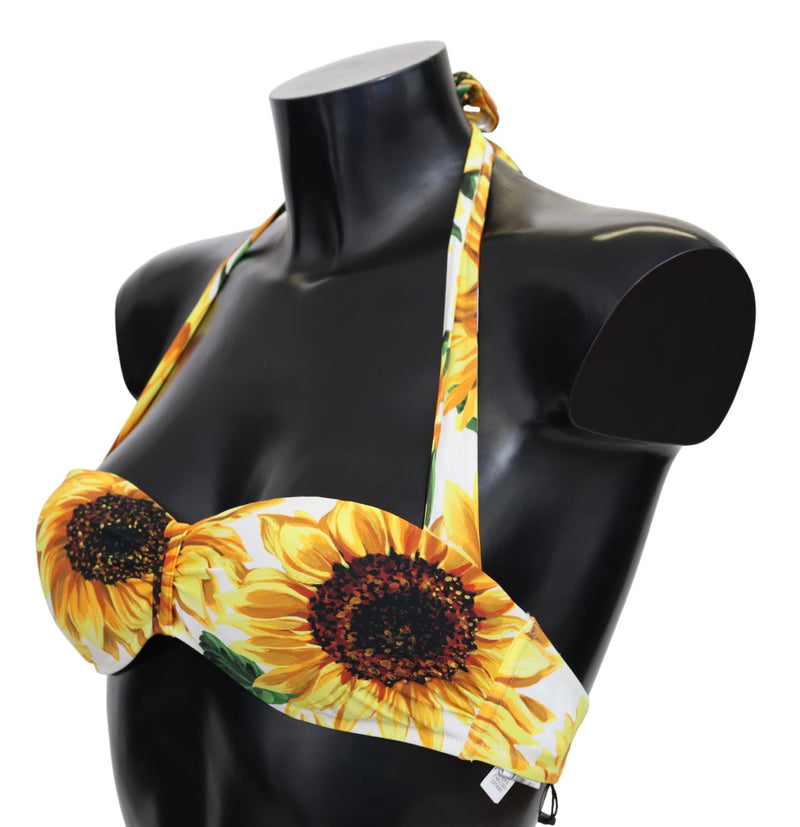 White Sunflower Print Nylon Swimwear Bikini Tops