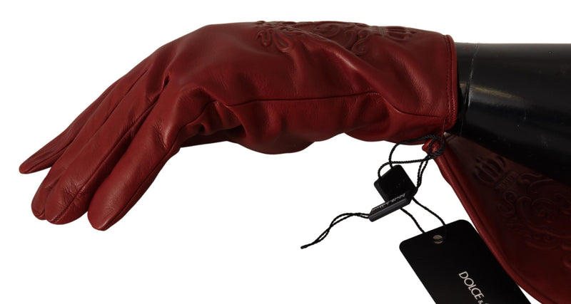 Burgundy Logo Embossed Leather Mitten Gloves