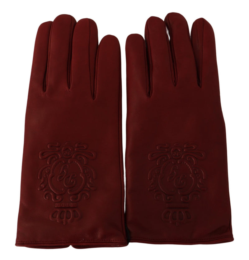 Burgundy Logo Embossed Leather Mitten Gloves